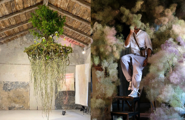 Installazione floreale simbolica con luci e ombre