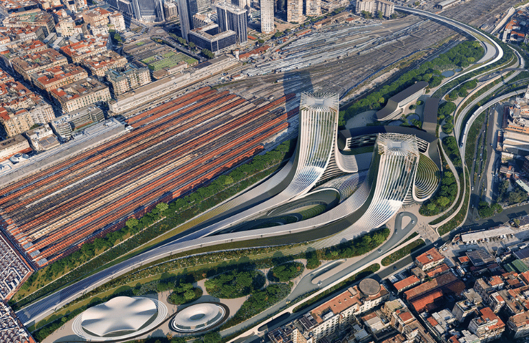 Vista aerea Masterplan Napoli Porta Est con parchi e tetti verdi