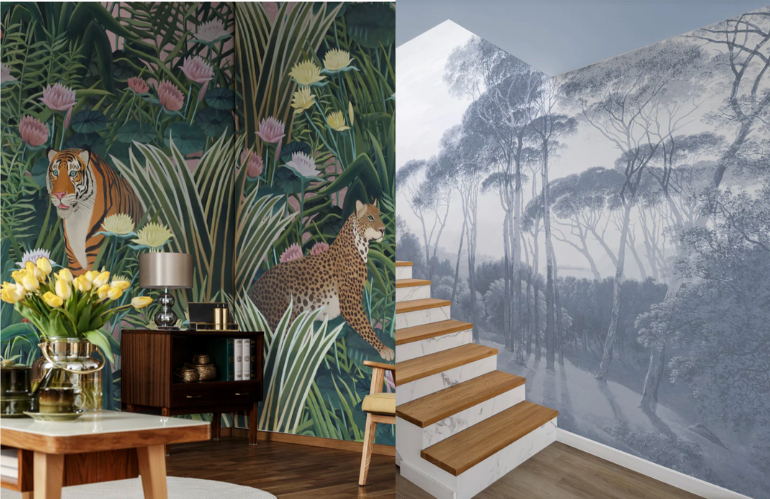 Wallpaper artistico con alberi fiabeschi per ambienti creativi