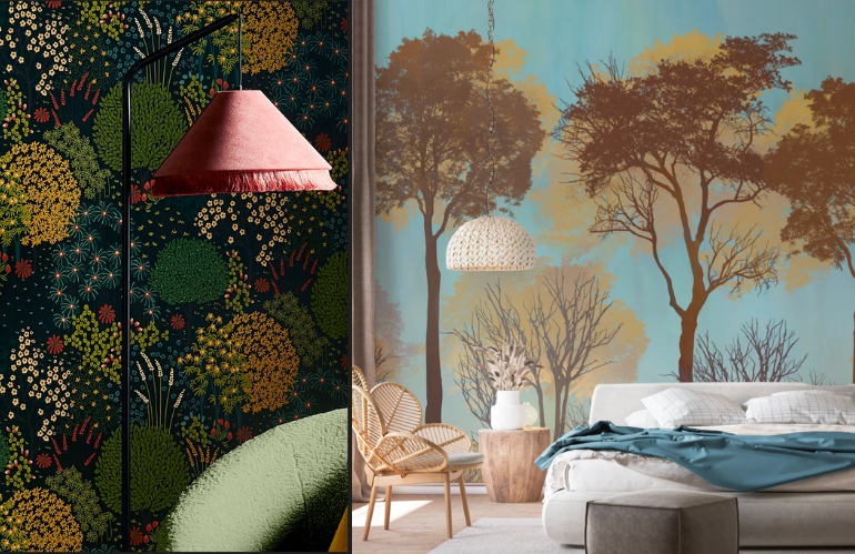 Interno elegante con parete decorata da carta da parati botanica