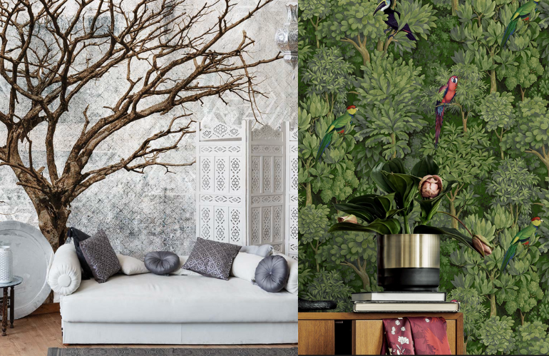 Carta da parati floreale contemporanea in salotto moderno