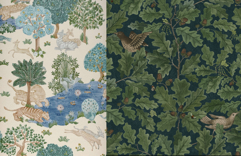 Wallpaper botanico con alberi tropicali e foglie esotiche