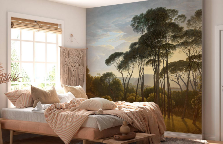 Wallpaper panoramico con paesaggio immaginario in stile artistico