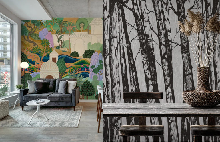 Muro singolo decorato con wallpaper d'impatto