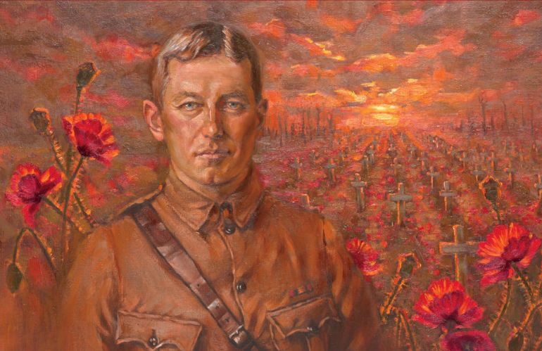 ritratto con tulipani rossi e soldato