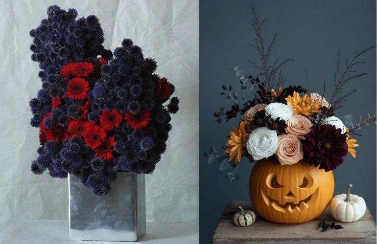 Installazione Día de los Muertos con crisantemi e zucche