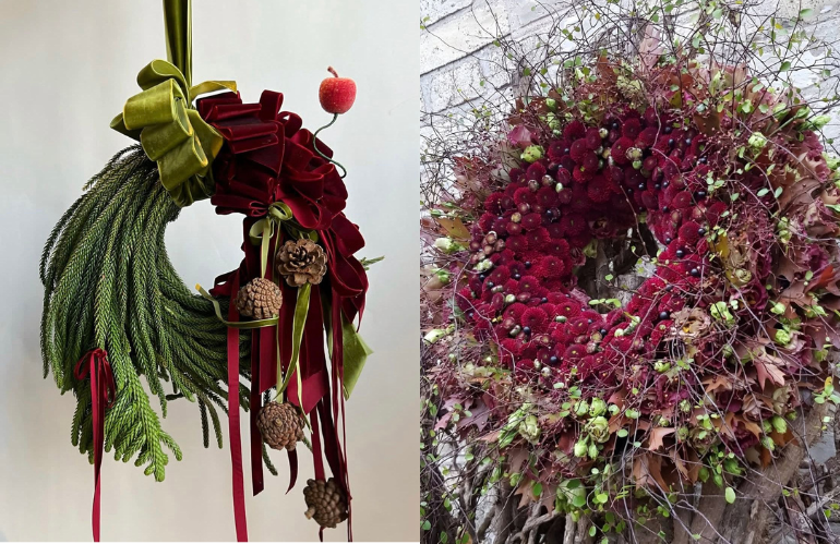 Corona natalizia destrutturata con elementi botanici naturali