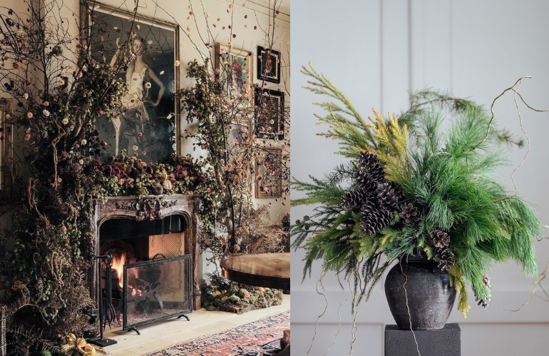 Ghirlanda natalizia moderna con elementi secchi e sostenibili